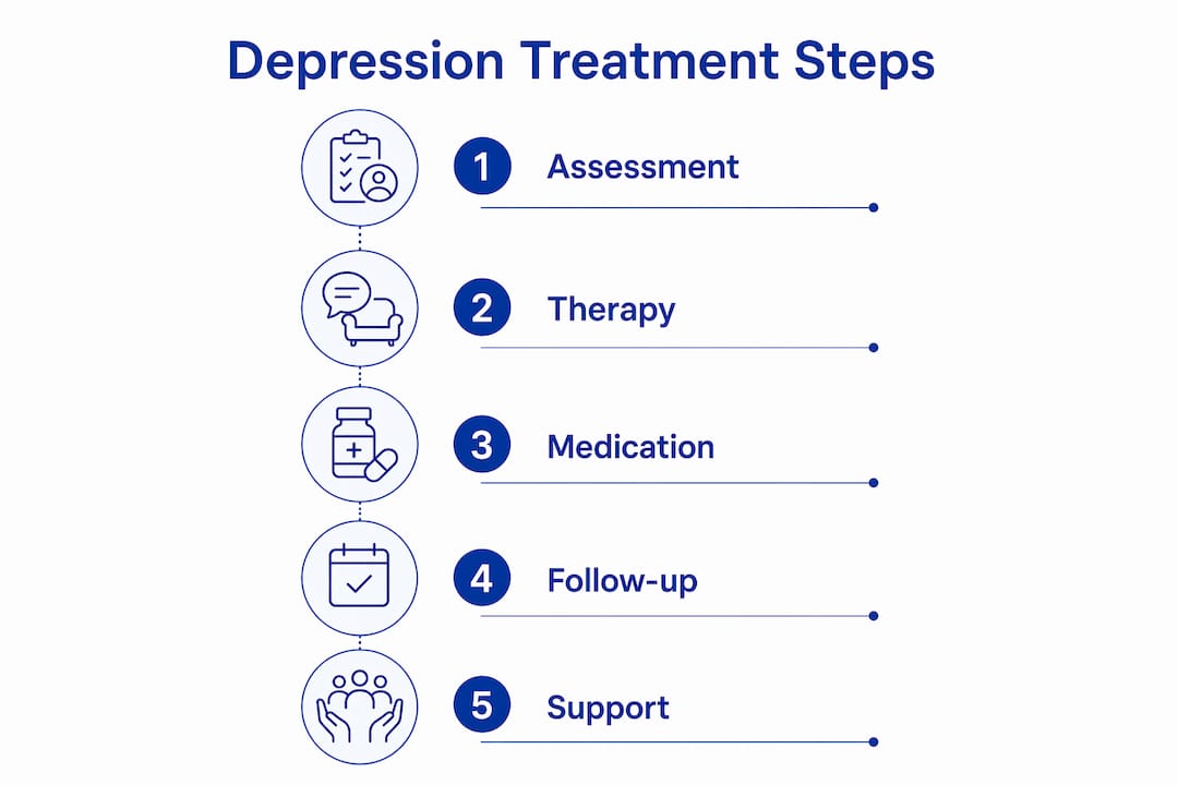 Infographic showing depression treatment steps from assessment to support