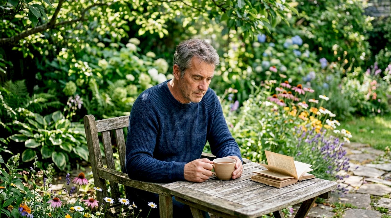 Man contemplative with coffee at table