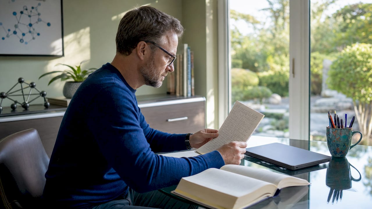 Therapist preparing notes for CBT session