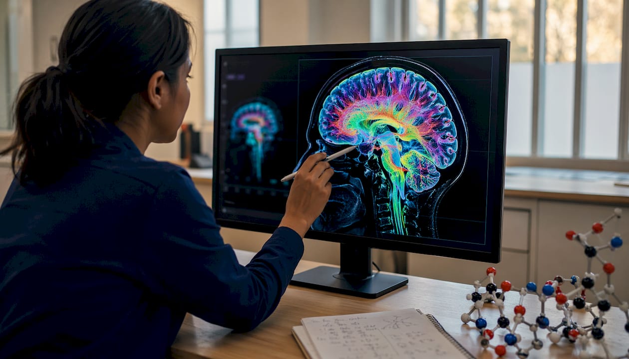 Researcher pointing at brain scan monitor