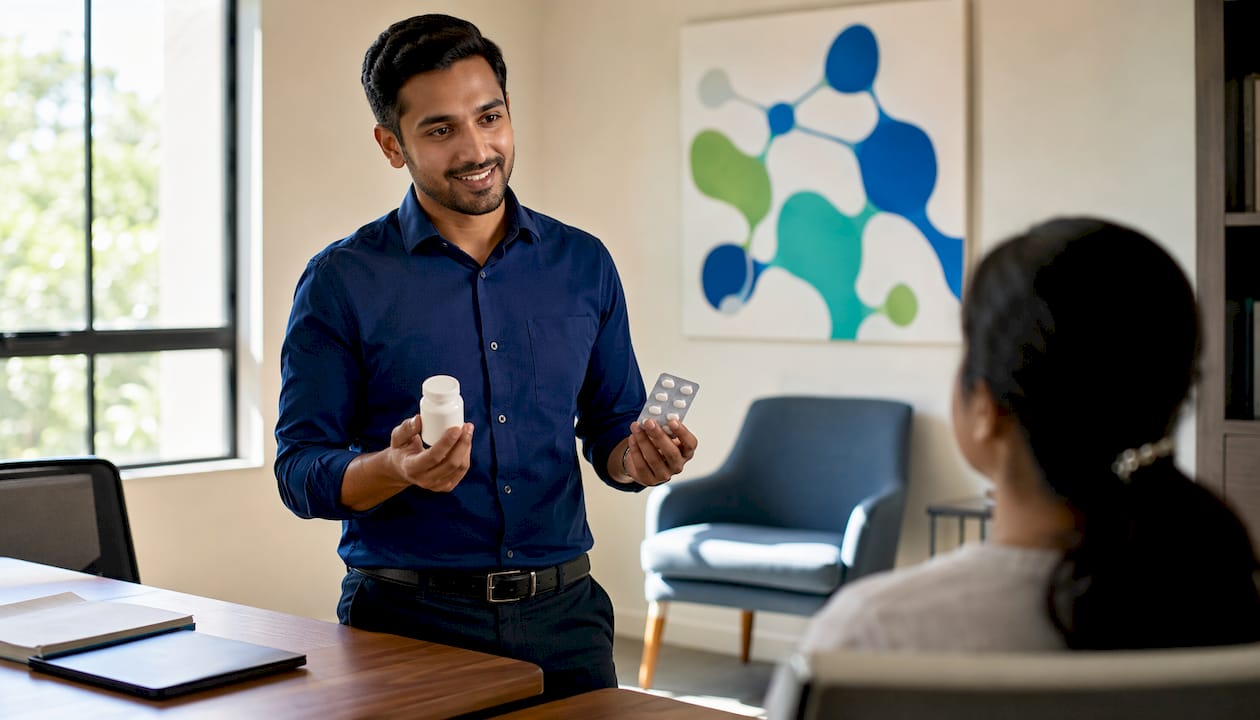 Hands holding antidepressant medication and prescription details