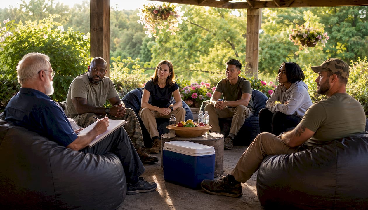 Veterans participating in group therapy session
