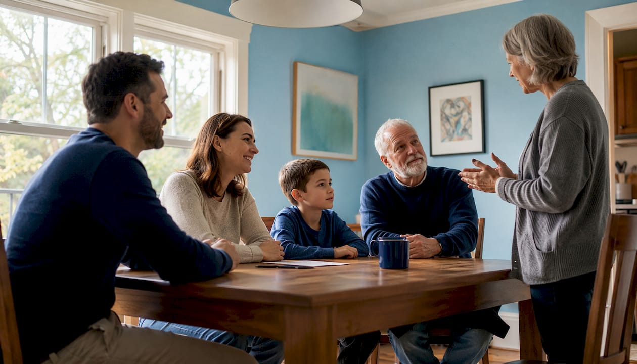 Family engaged in therapy session with therapist