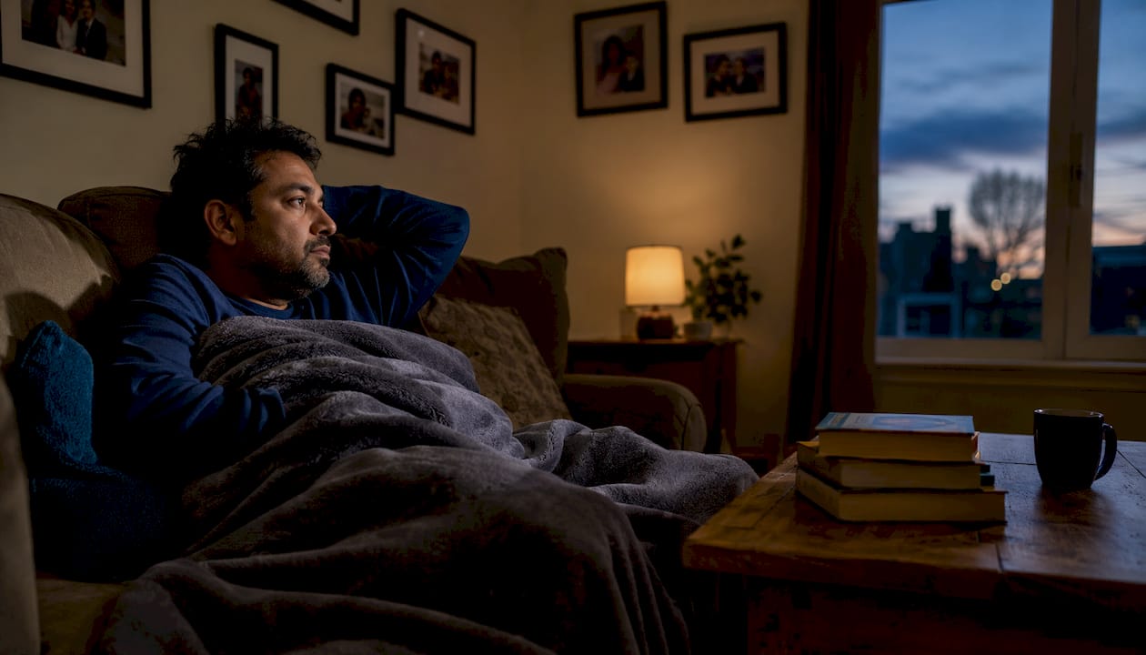 Man lying awake in bed, appearing exhausted