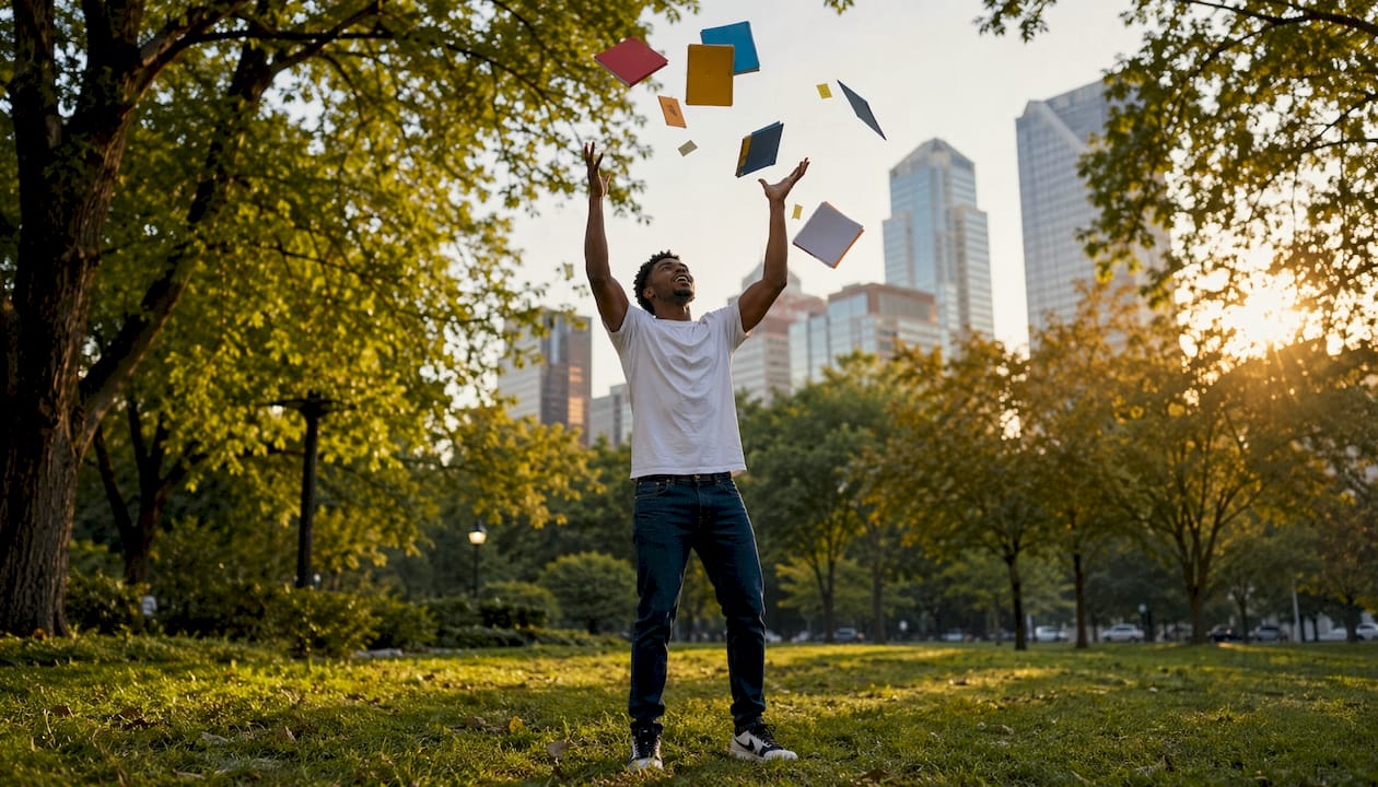 Man sorting journals in manic episode