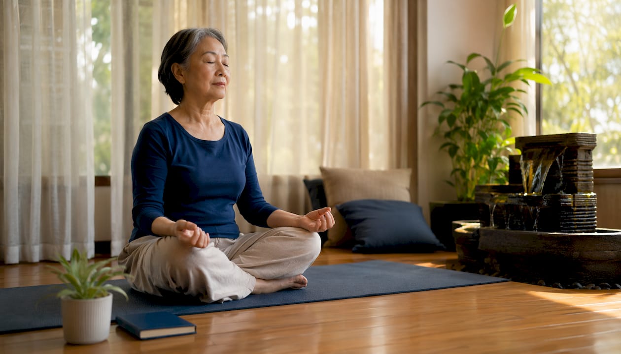 Senior woman meditating in peaceful home