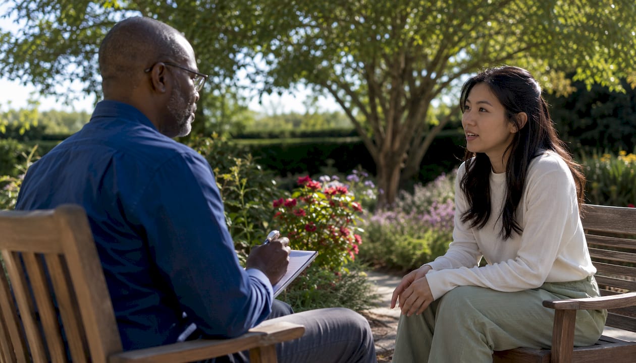 Therapist and client engaged in session conversation
