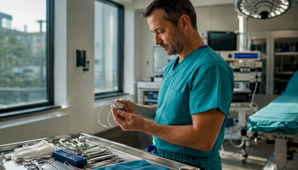 Close-up of implantable vagus nerve stimulation device