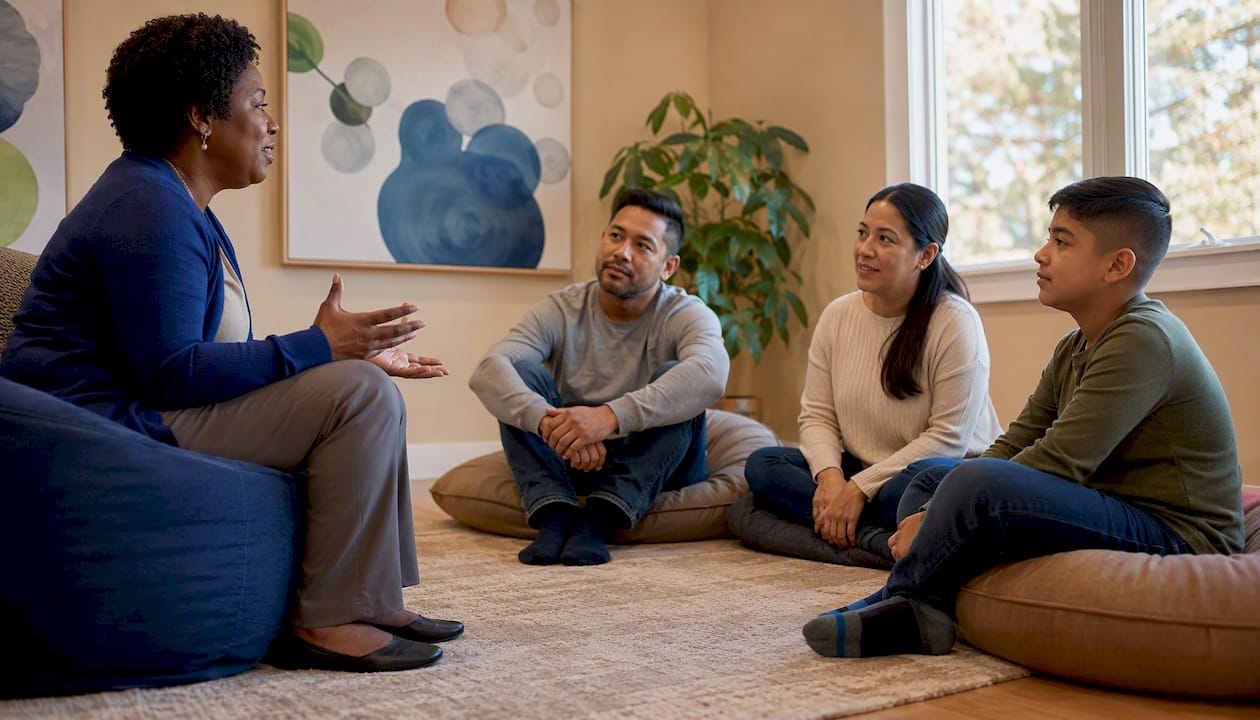 Therapist leading blended family therapy session