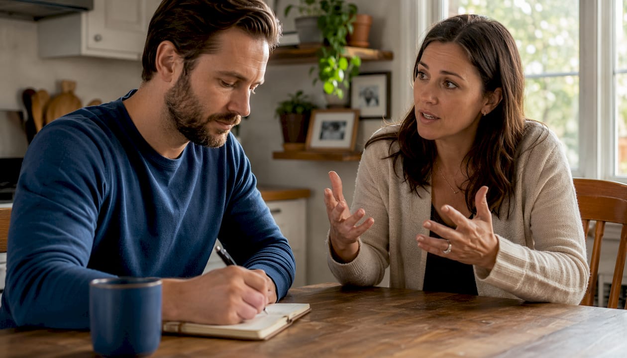 Couple in home therapy session discussing parenting