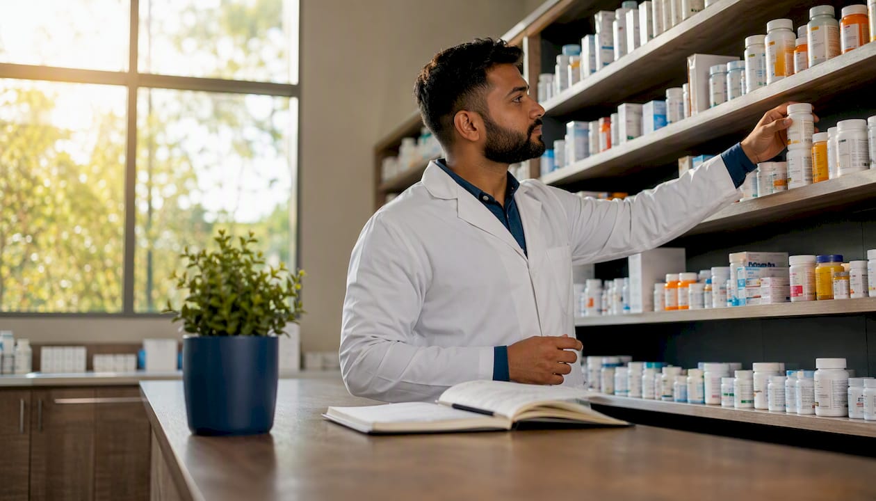 Pharmacist verifying antidepressant medications