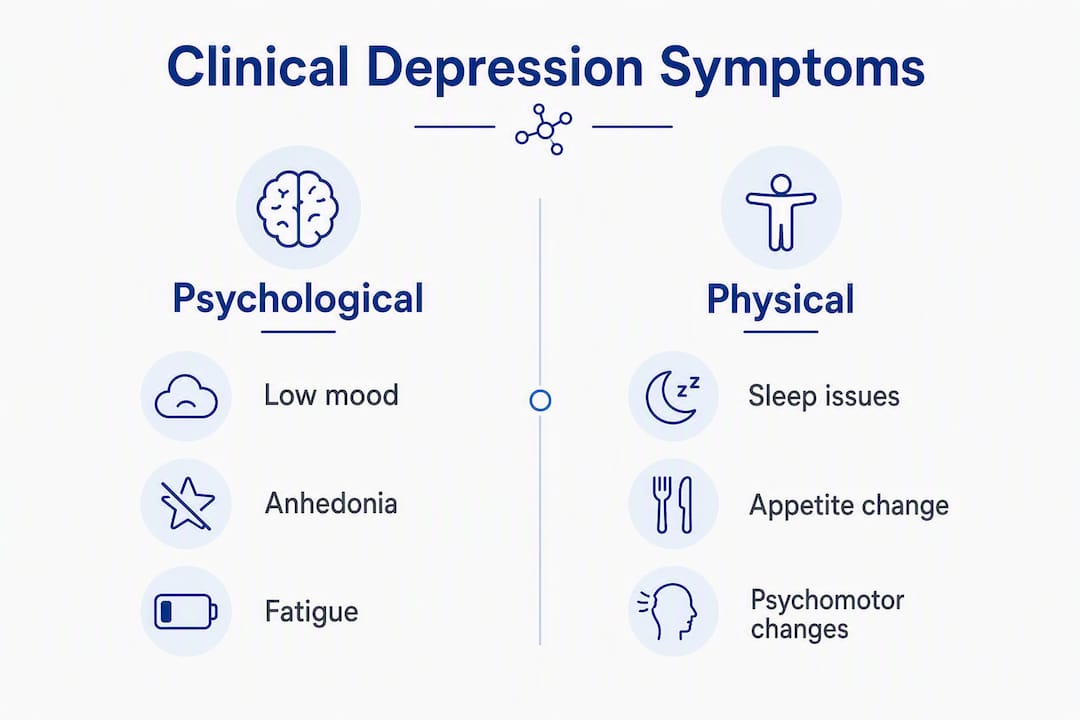 Infographic showing core clinical depression symptoms divided by psychological and physical categories