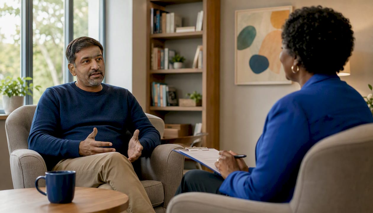 Therapy session between man and therapist