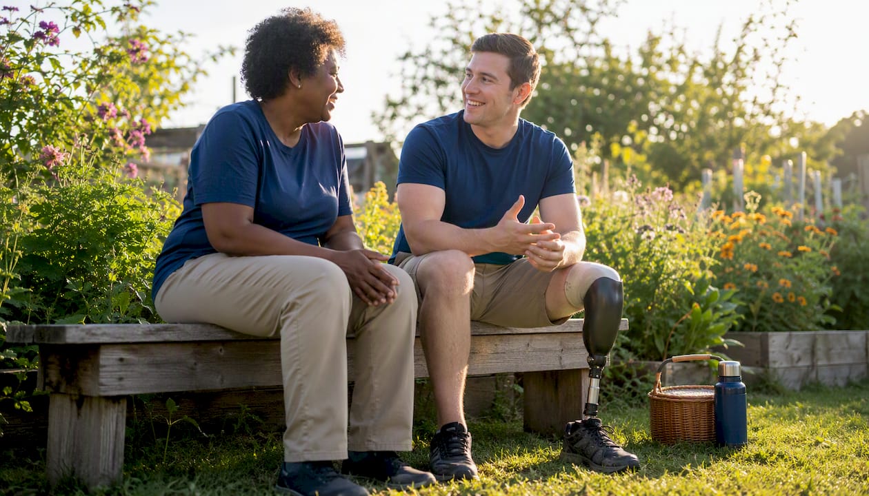 Veterans sharing peer support outdoors