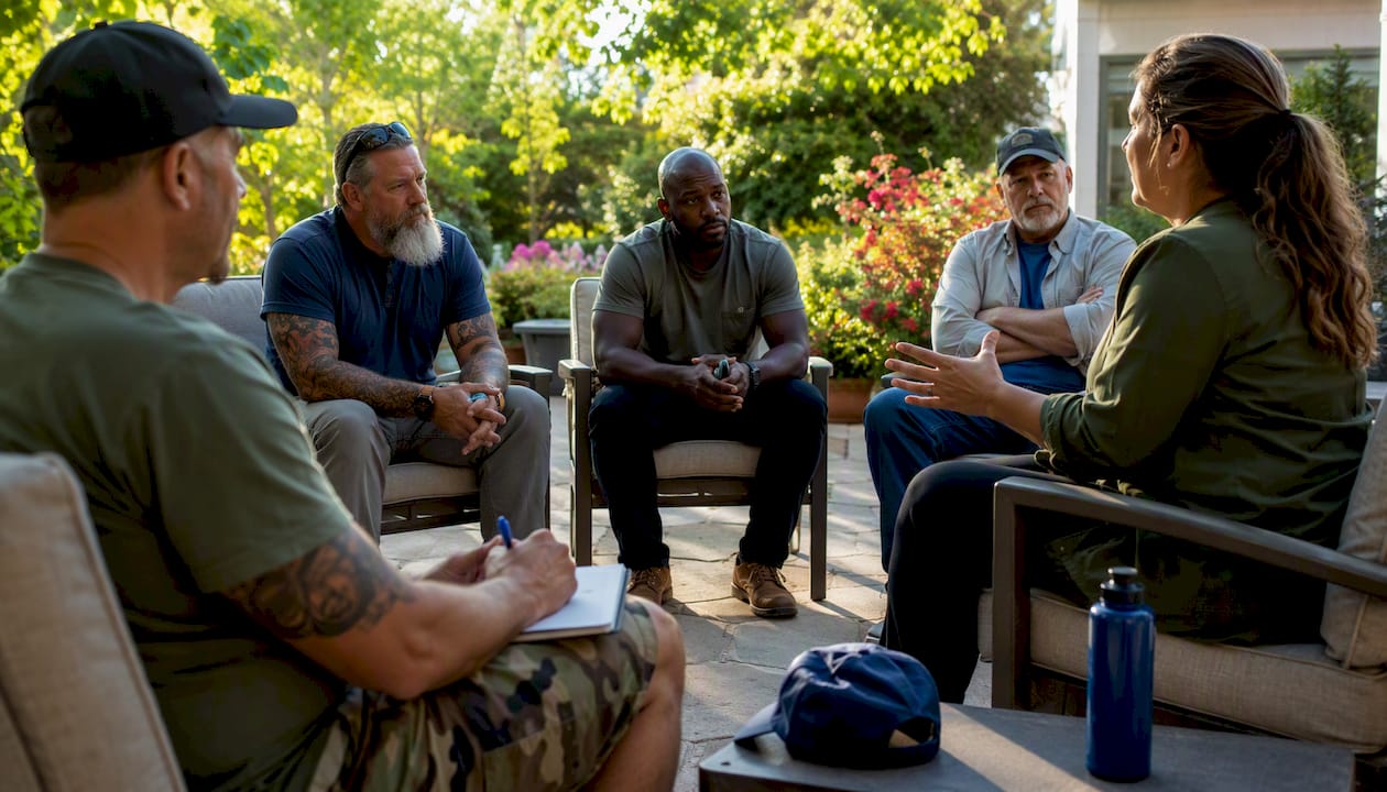 Veterans group therapy session indoors