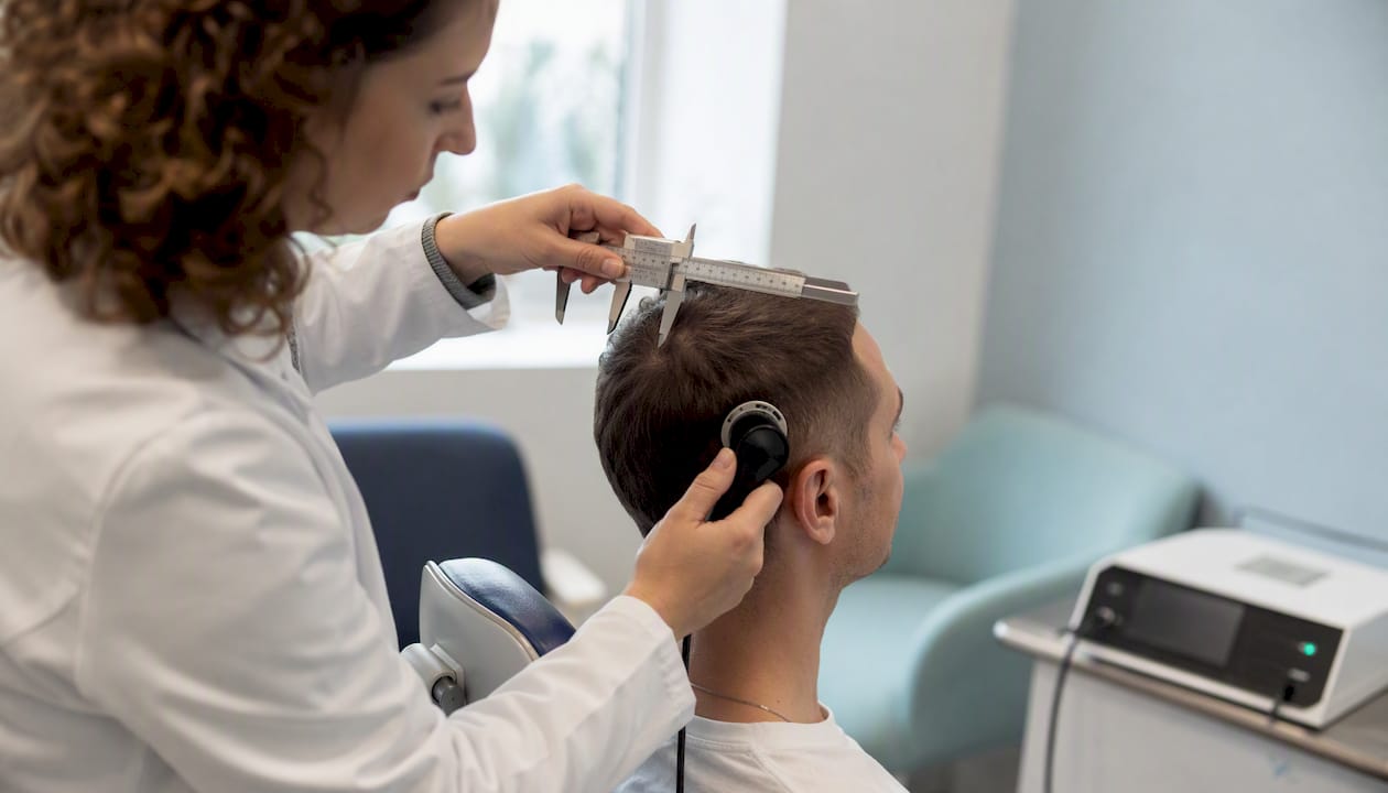 Clinician measuring scalp during TMS setup
