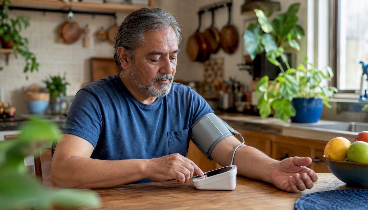 Person monitoring blood pressure at home