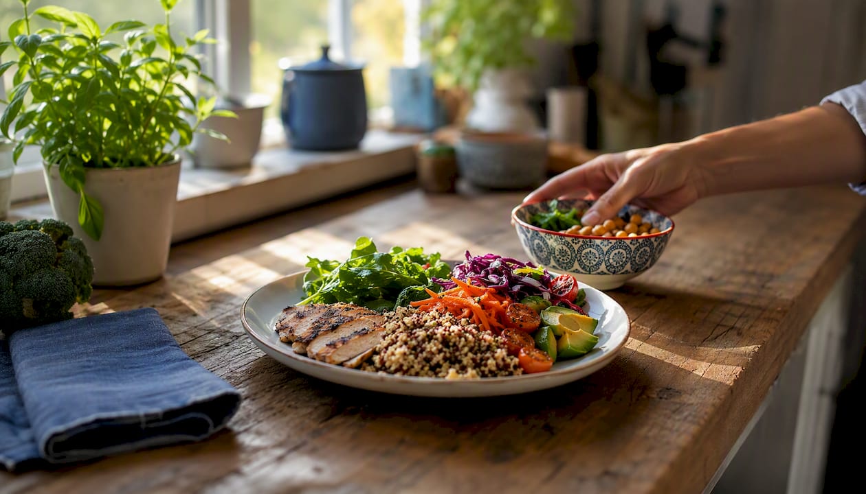 Balanced healthy meal on kitchen table