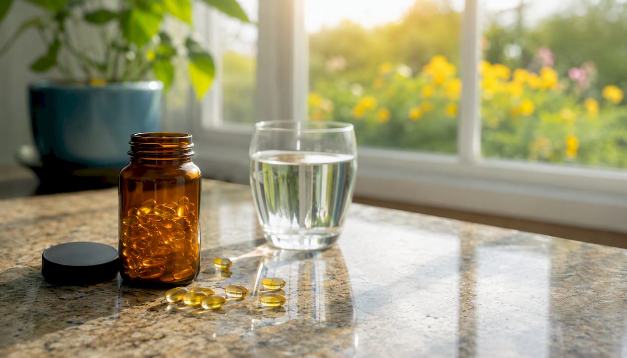 Vitamin D capsules on sunlit windowsill