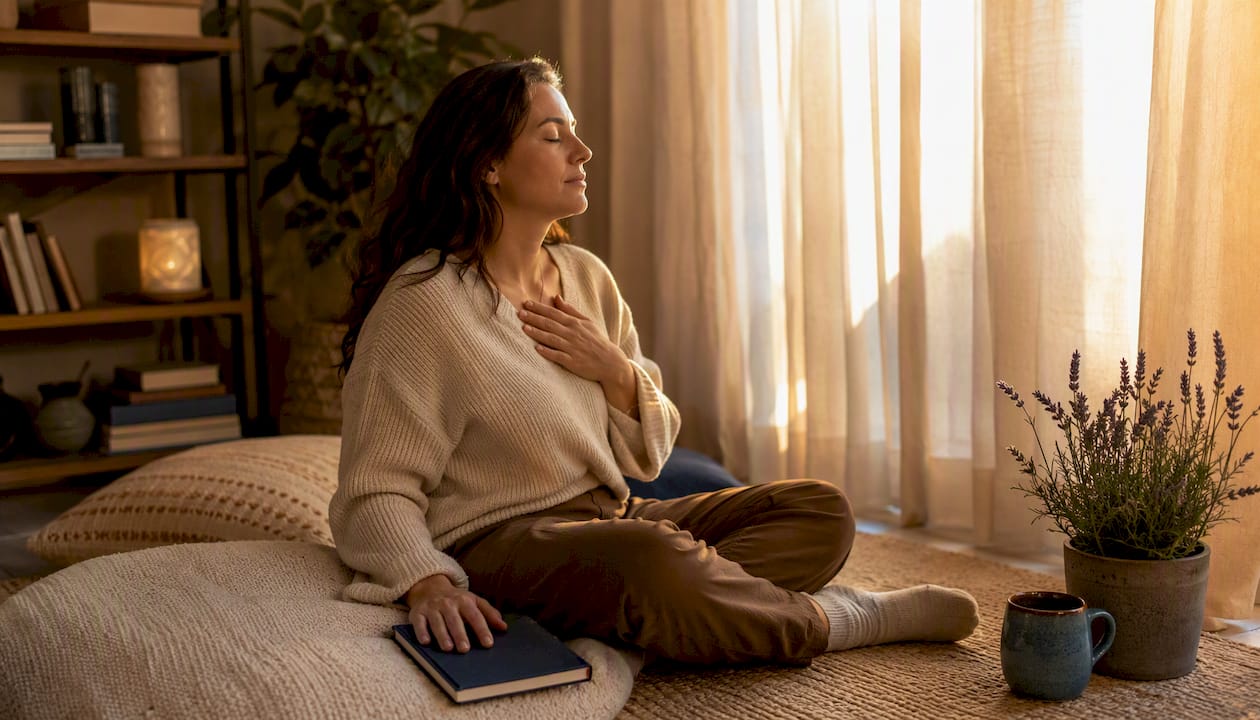 Person practicing calm breathing at home