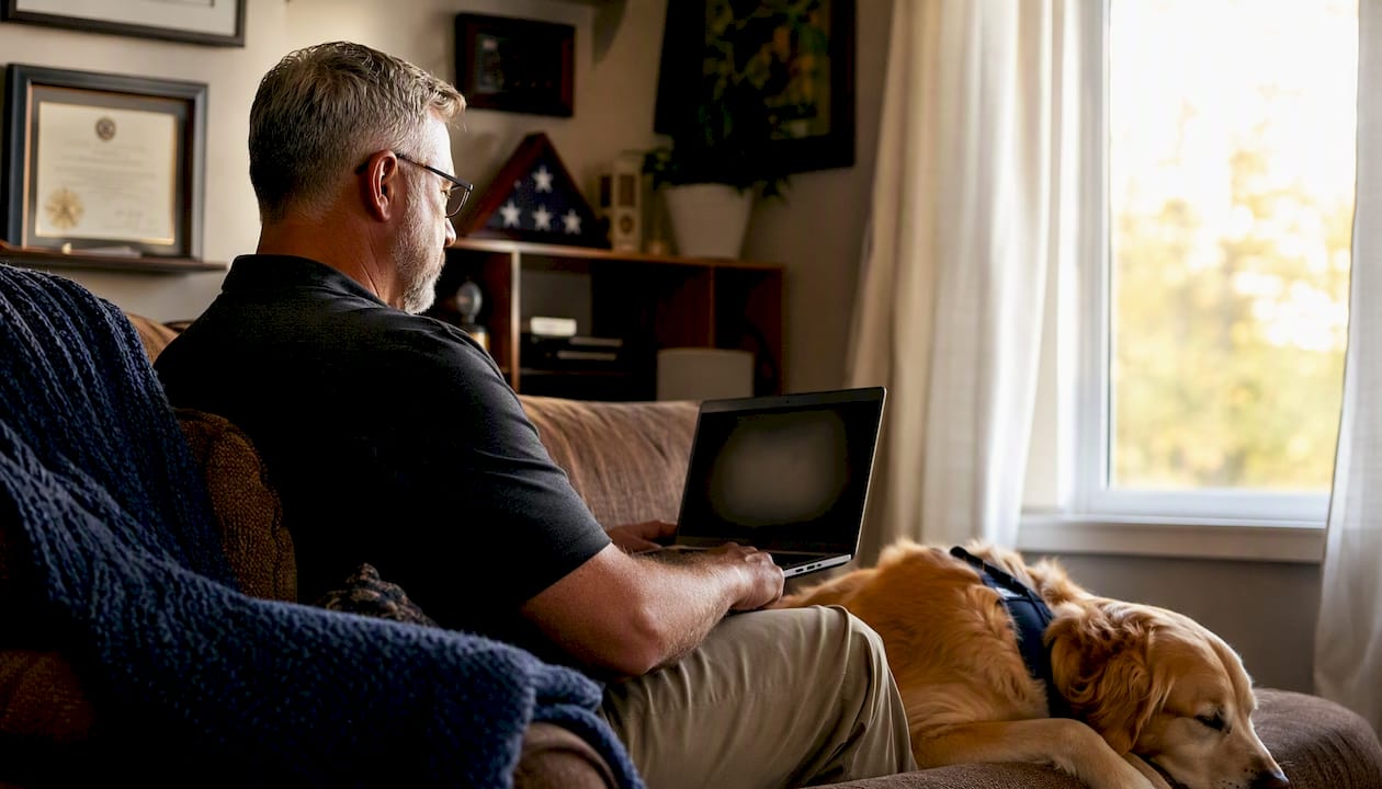Veteran attending telehealth therapy session