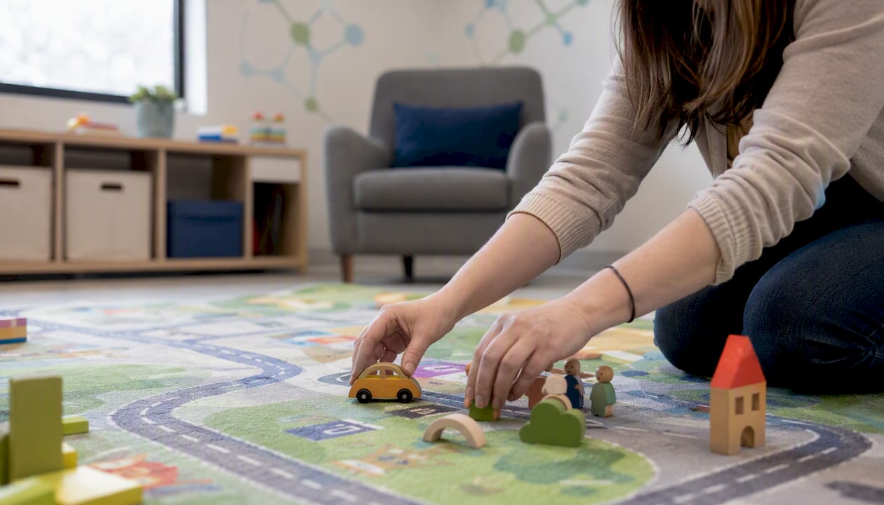 Hands arranging toys for autism diagnostic interaction
