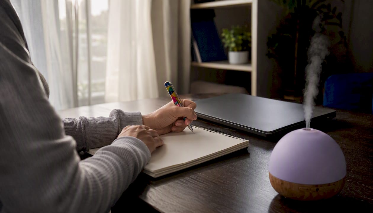 Hands poised to take notes during telehealth autism screening
