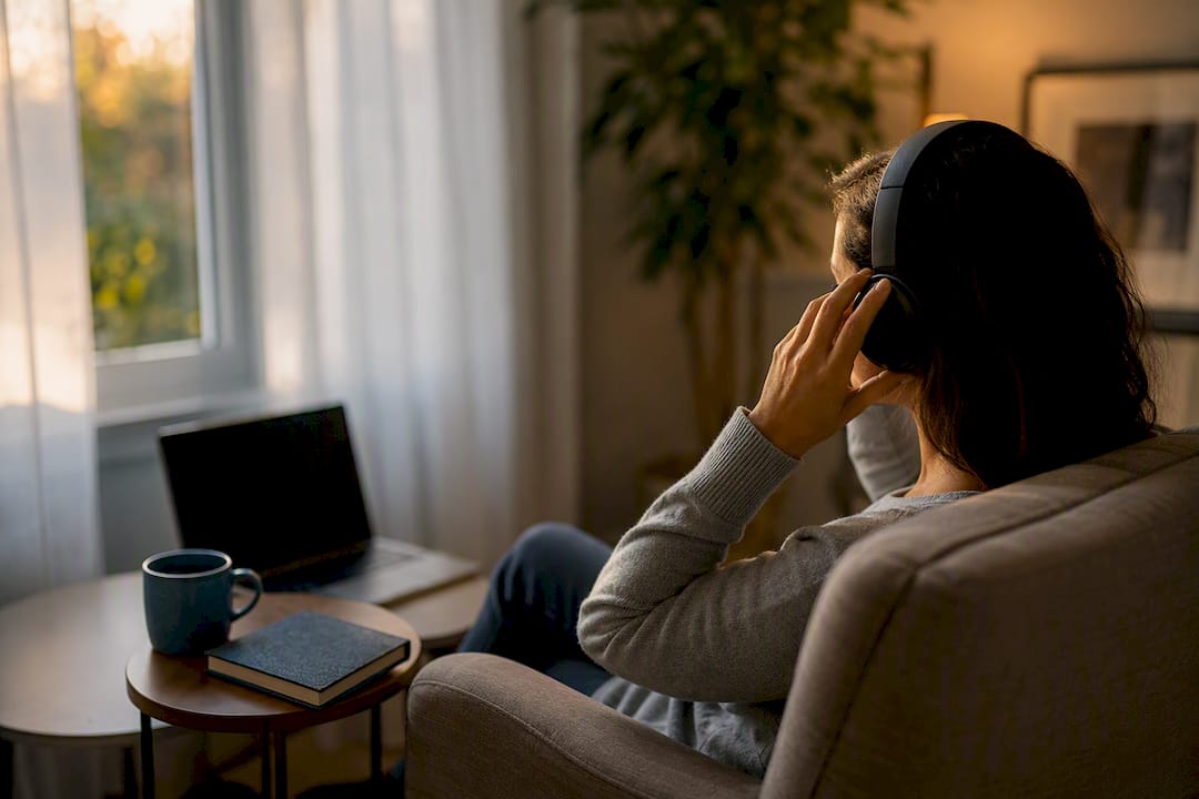 Hands holding headphones preparing for virtual therapy