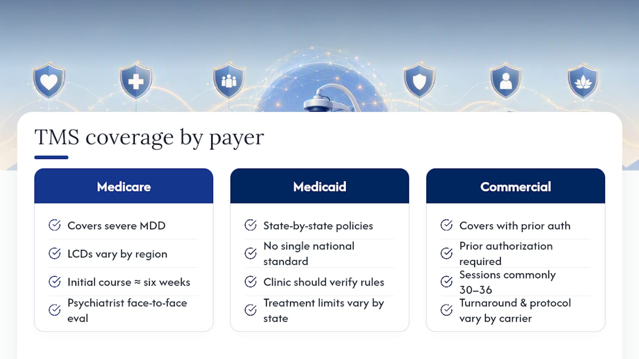 Comparison chart of Medicare, Medicaid, and commercial TMS coverage