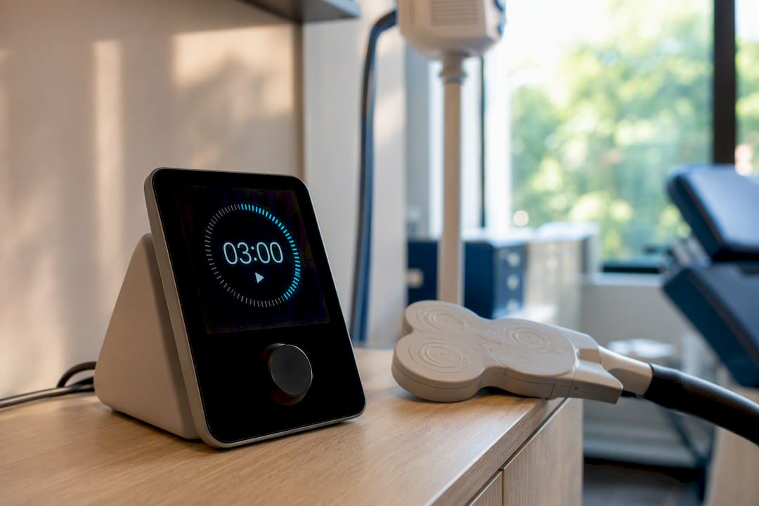 Timer next to TMS coil in clinical room