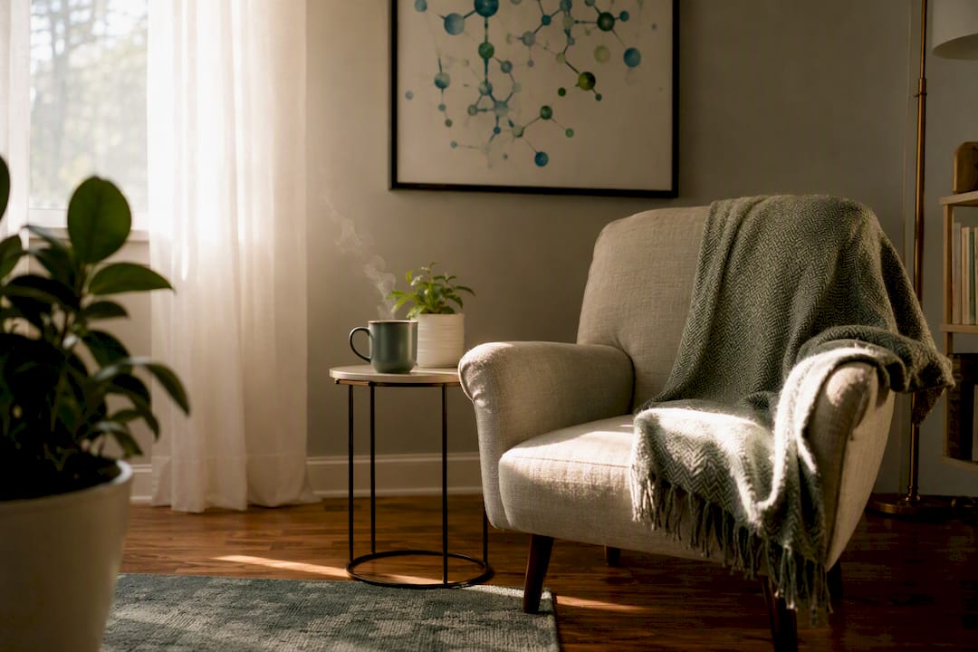Serene clinical room corner with chair and tea