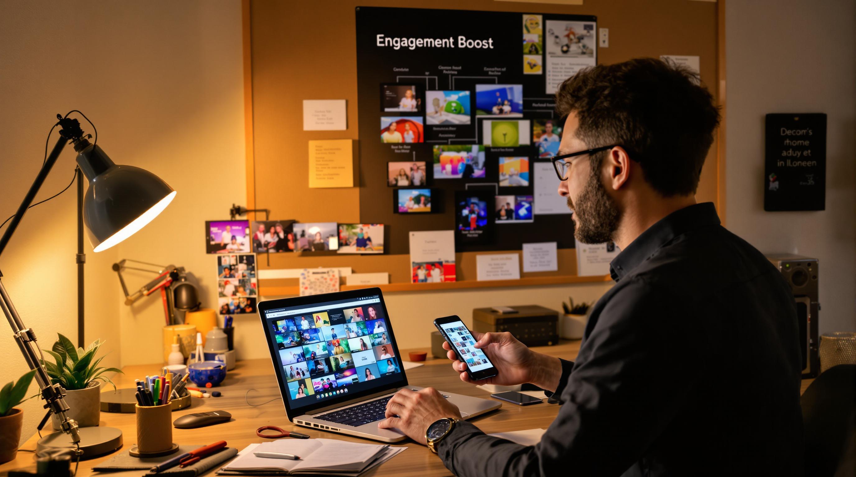 Two creators review visuals in a studio with 'Engagement Boost' on a wall poster