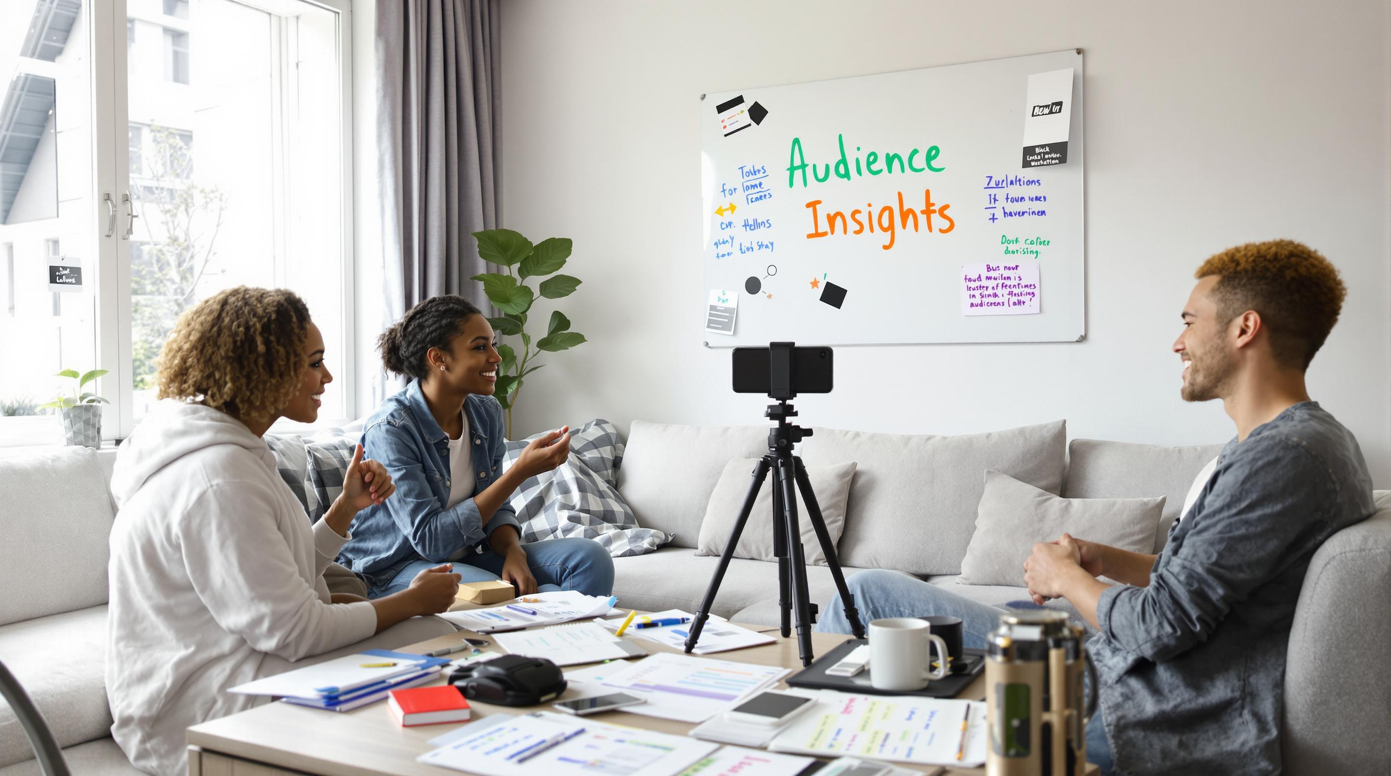Creators collaborate on audience research and content ideas in cozy room