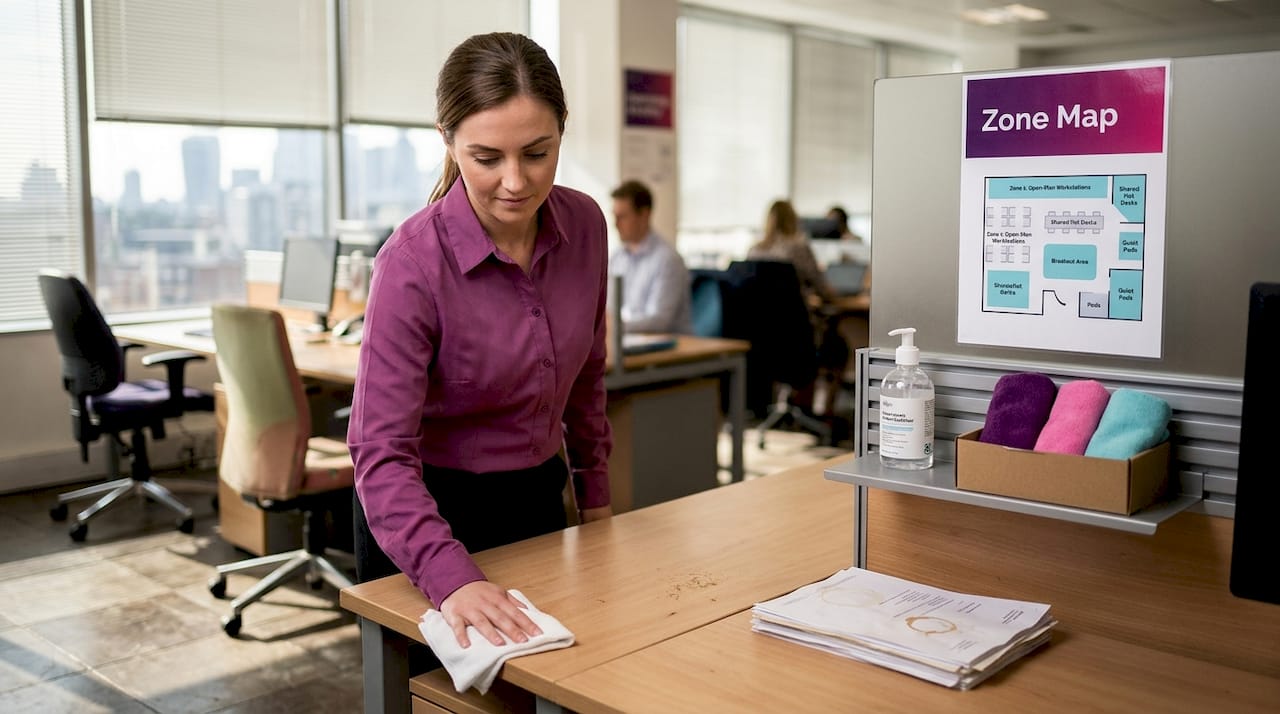 Staff cleaning shared desk in office zone