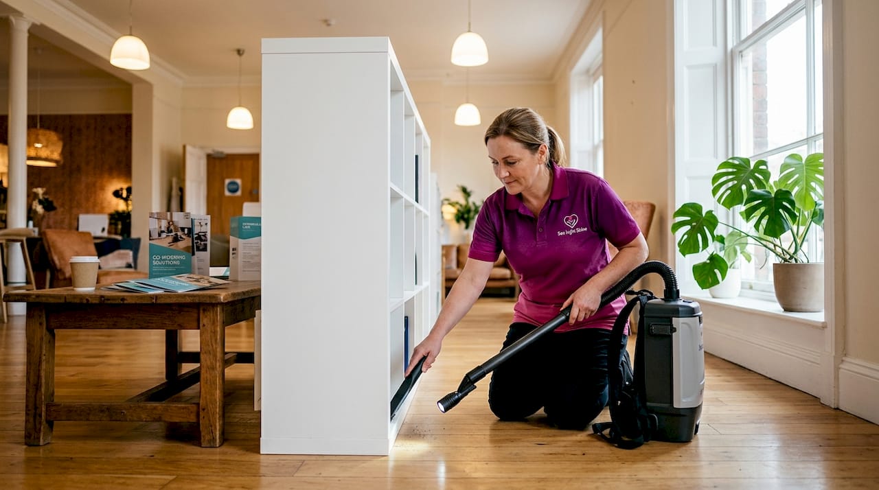 Worker cleaning behind office filing cabinet