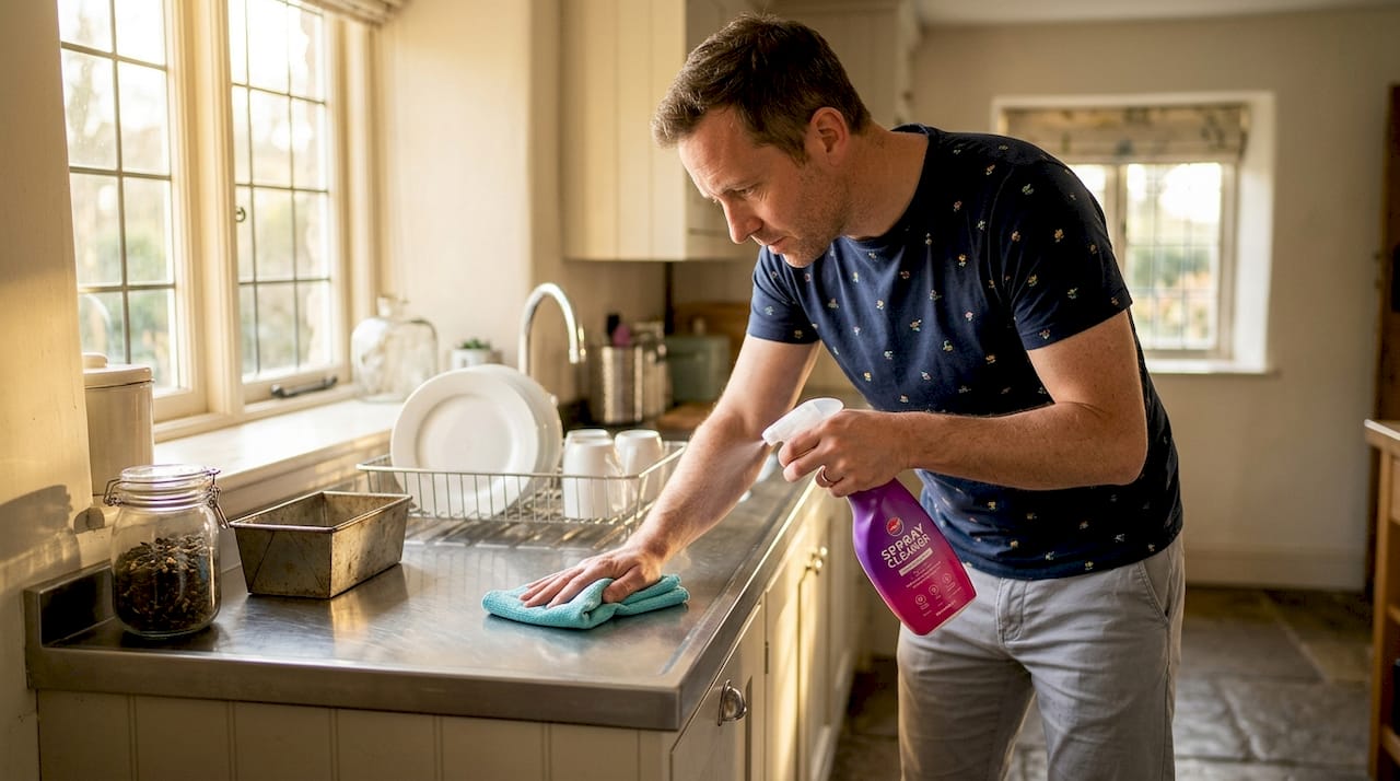 Man cleaning kitchen counter for routine hygiene