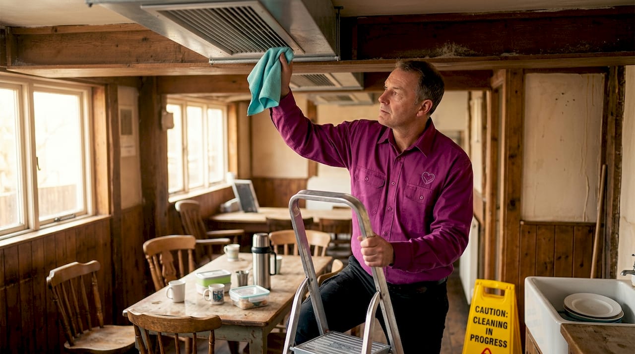 Janitor cleaning vents in office break room