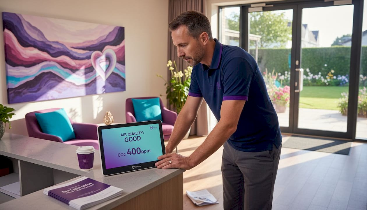 Manager checking air monitor in business lobby