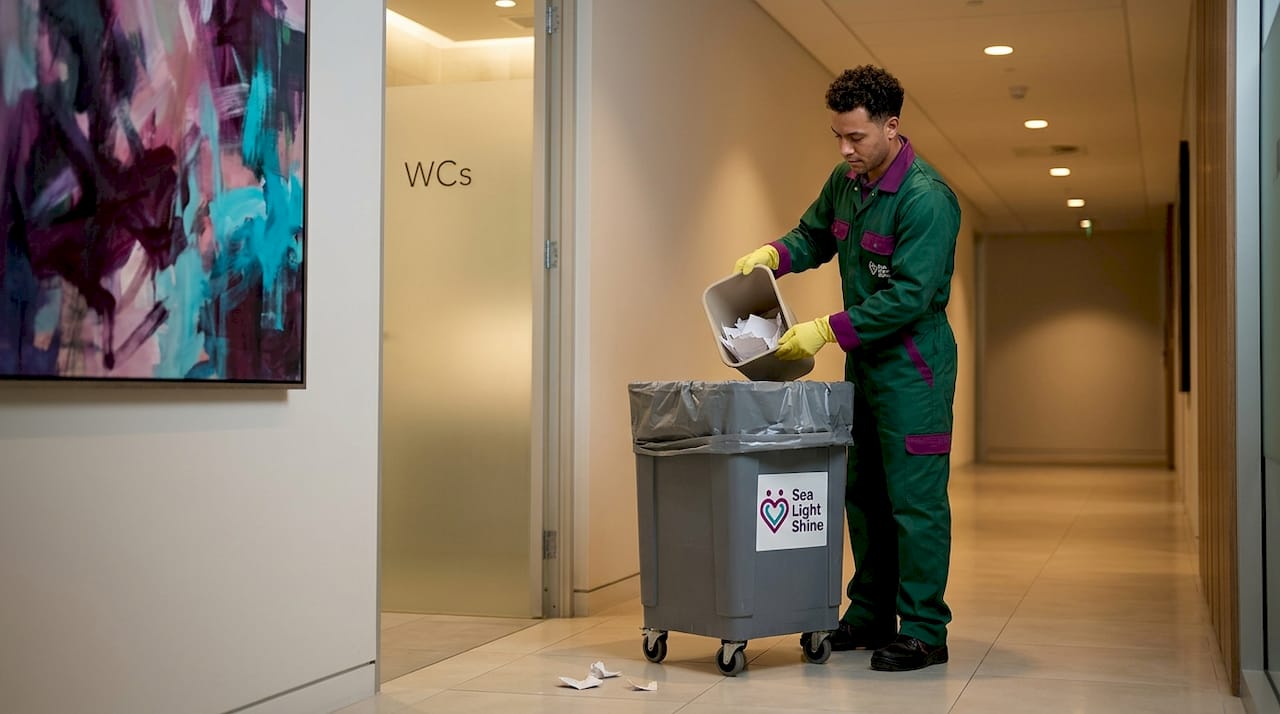 Janitorial staff removing rubbish in office hallway
