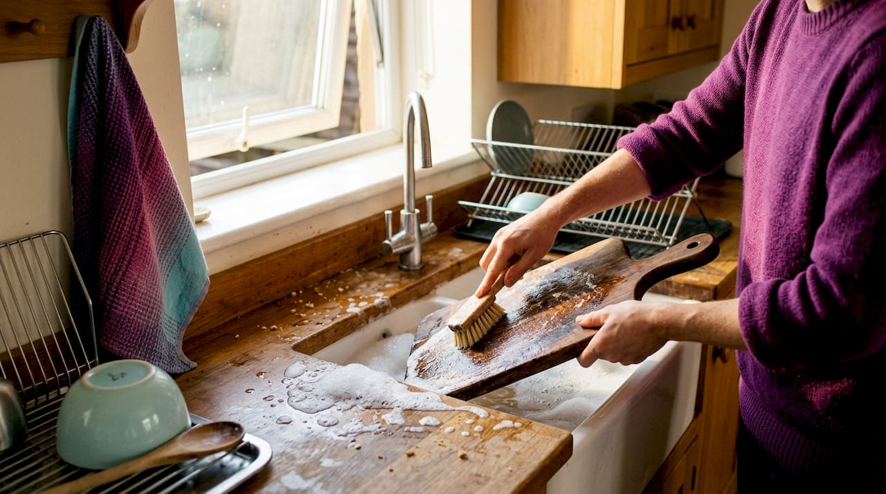 Hands scrubbing chopping board in kitchen sink
