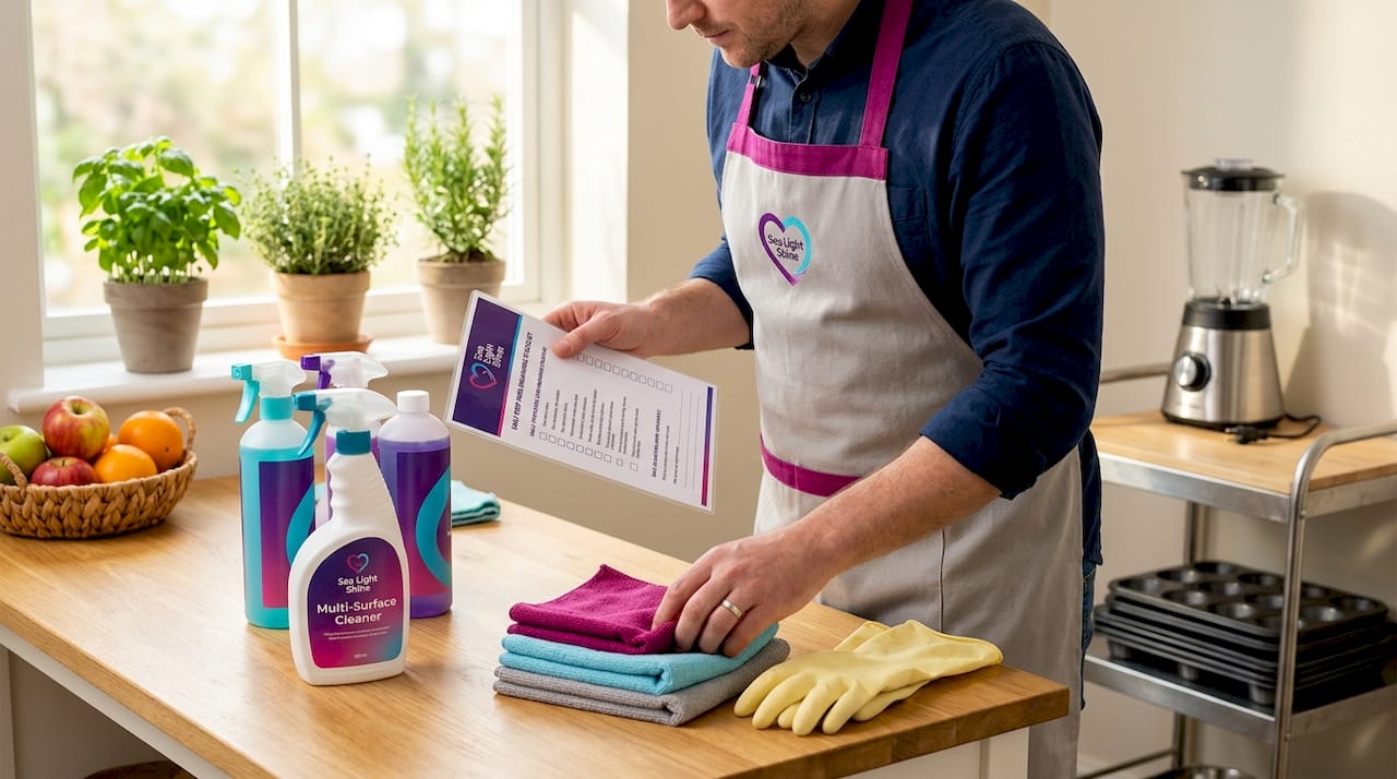 Supervisor organizing deep cleaning supplies on prep table