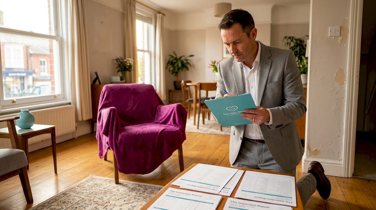 Property manager inspects clean living room for deposit