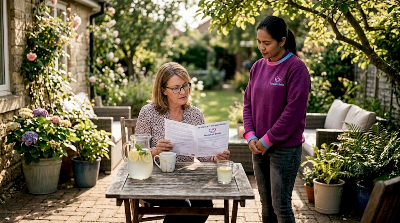 Homeowner checks insurance certificate with cleaner