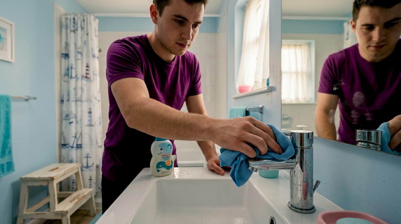 Man cleaning bathroom tap daily routine