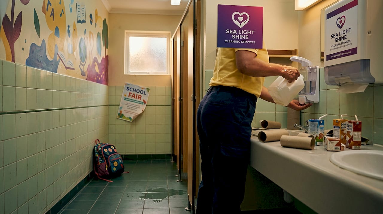 Custodian restocking soap in school restroom