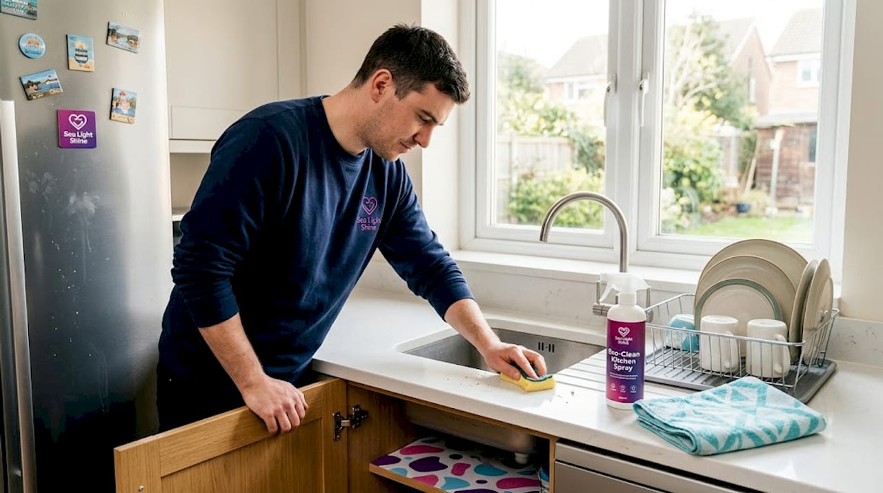 Person deep cleaning kitchen countertops and sink