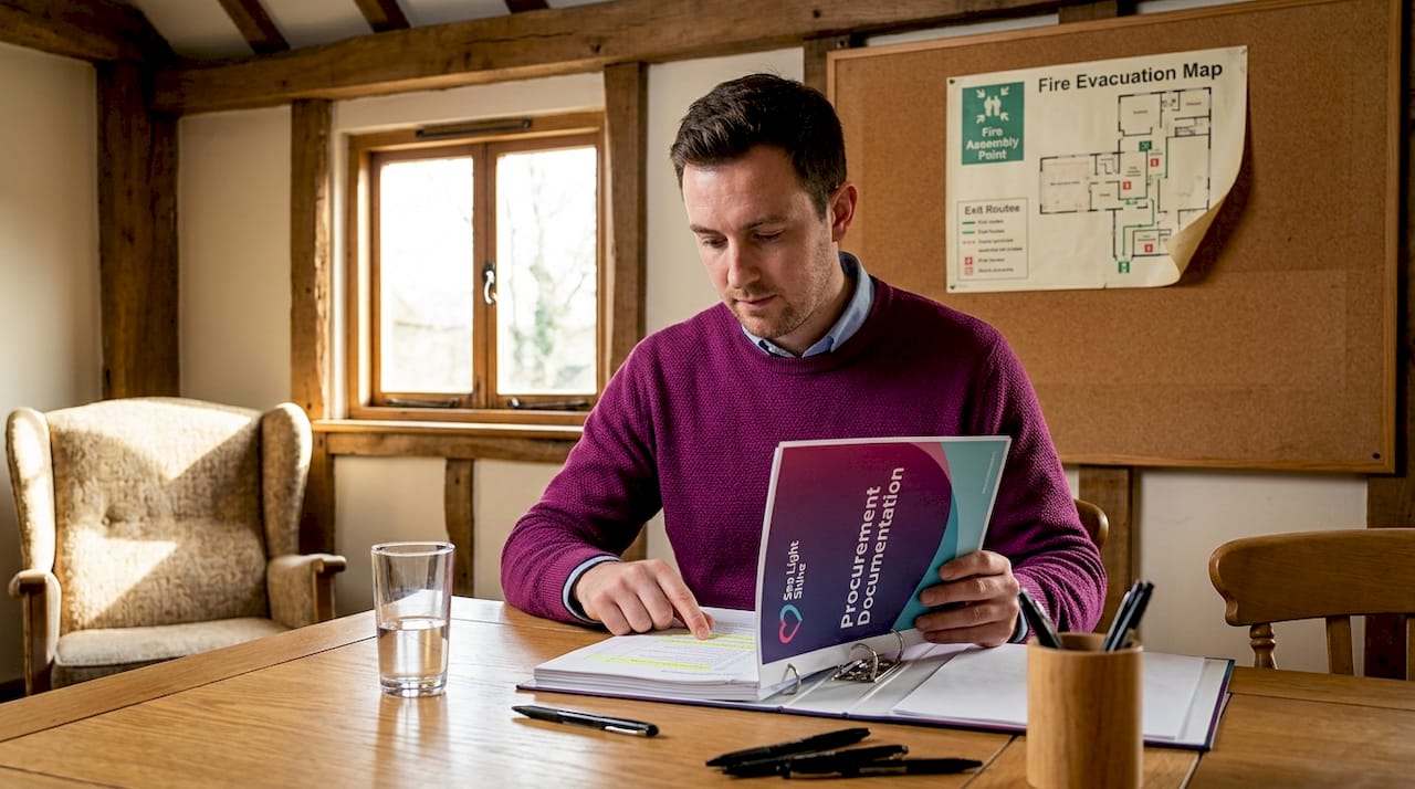 Compliance officer examines cleaning contract paperwork