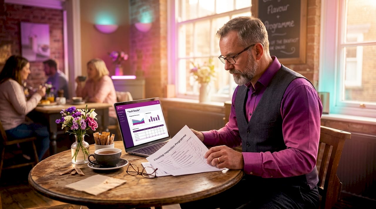 Supervisor reviews cleaning inspection on laptop and paper