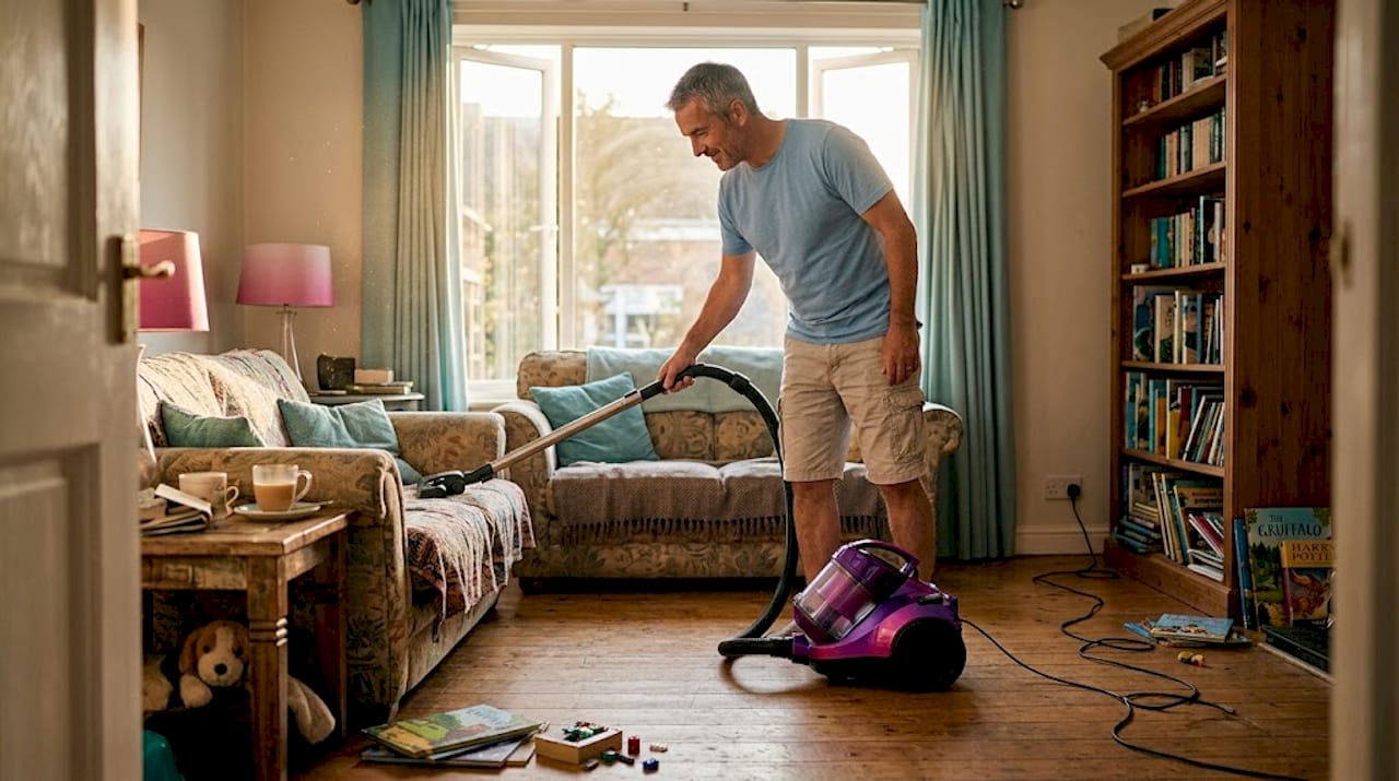 Domestic cleaner vacuuming cozy living room space