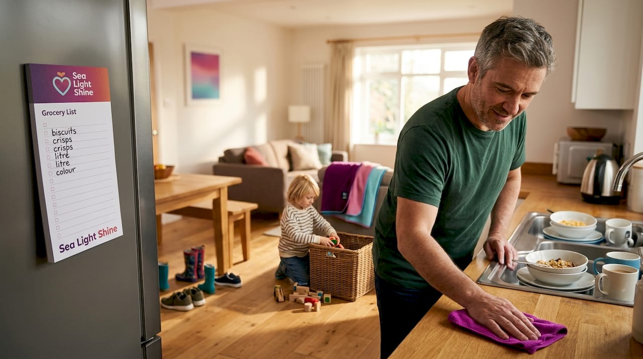 Family completing daily cleaning routine